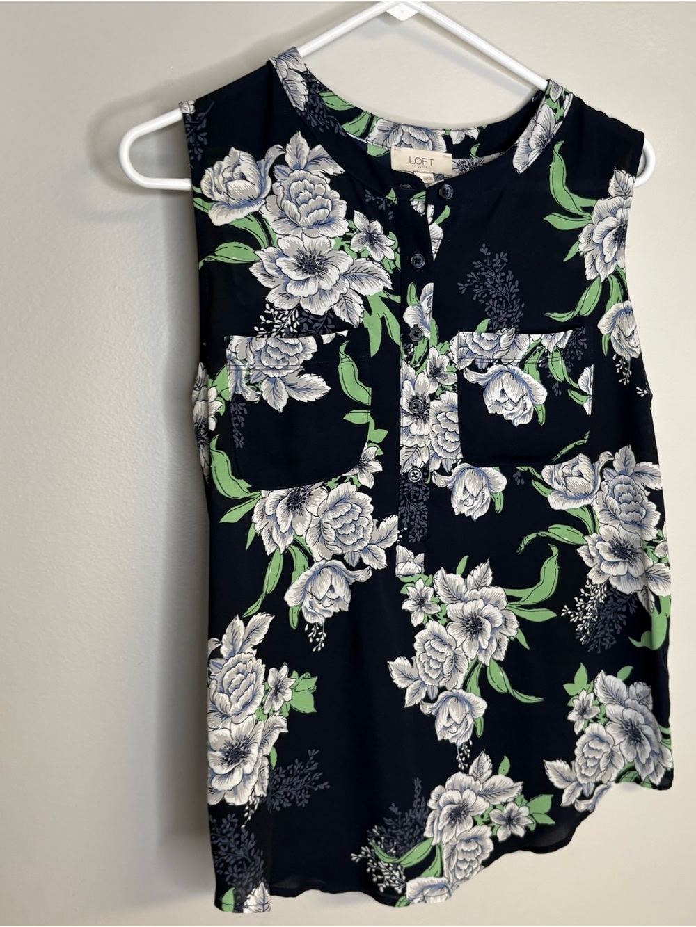 LOFT Navy Floral Sleeveless Henley Shell with Green Leaves